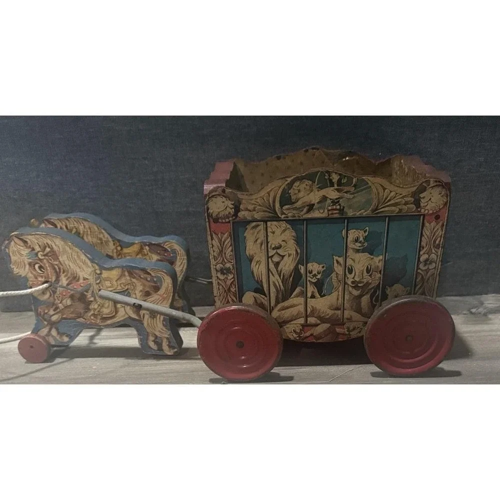 Vintage  900 Circus Wagon Wooden Pull Toy Horses Lion Lithograph